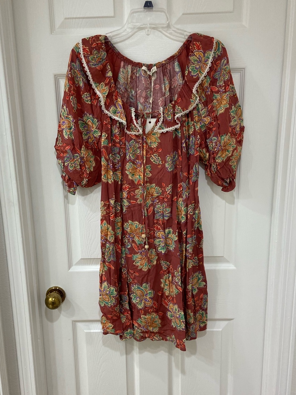 New Rust Red Fall Floral Boho Flowy Dress with Twee Lace Trim Bib Collar